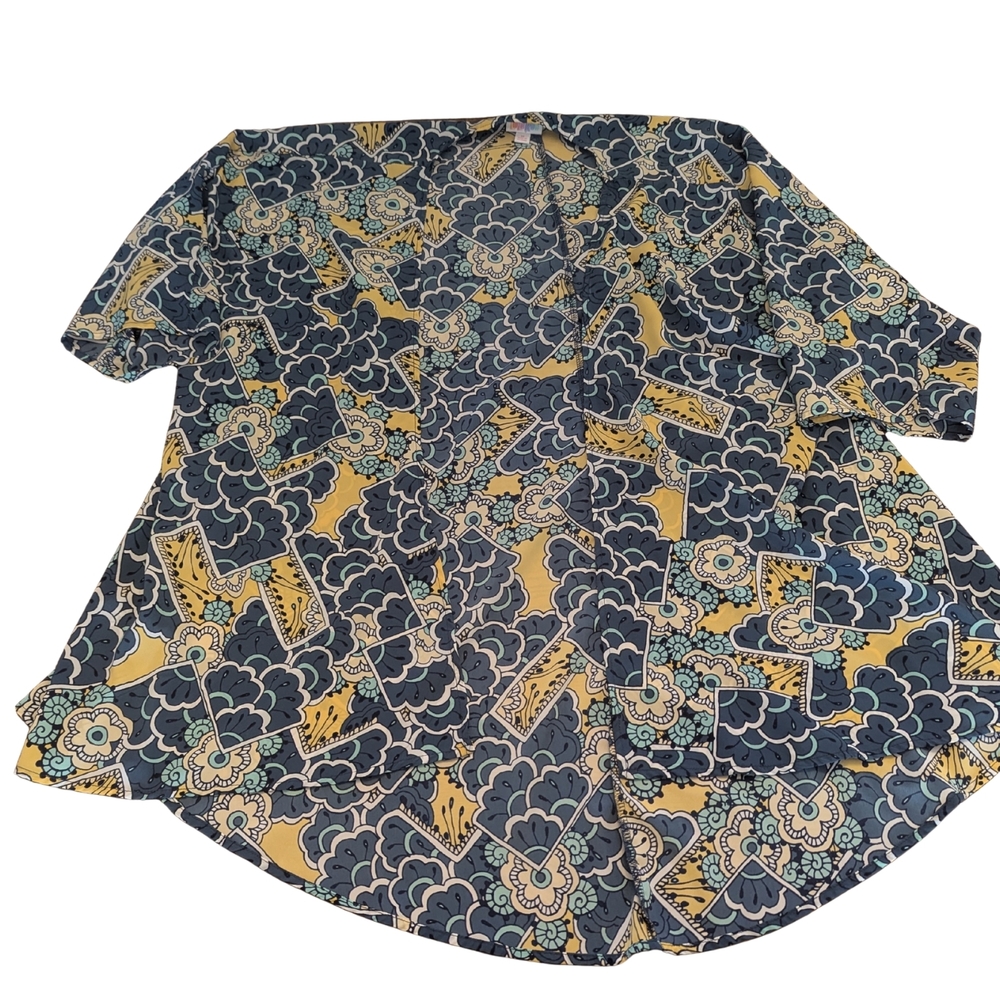 EUC Lularoe Womens Medium Lindsay Kimono Open Front Floral Blue Yellow Hi Lo